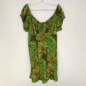 Zenergy Paisley Print Green Boho Short Sleeve Mini Dress  XL